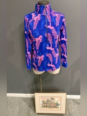 Lilly Pulitzer Blue Pullover with Pink Leaf Print